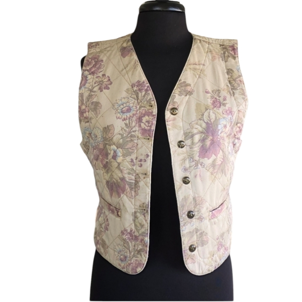 Vintage 90s Quilted Vest Floral Beige Pink Women's Liz Claiborne Small Bohemian